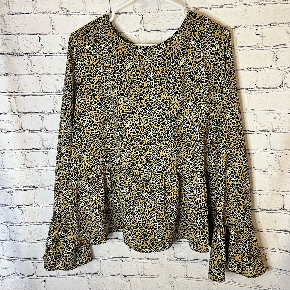 ASOS Cheetah‎ Long Sleeve Peplum Blouse Flared Sleeves Lightweight Size 14